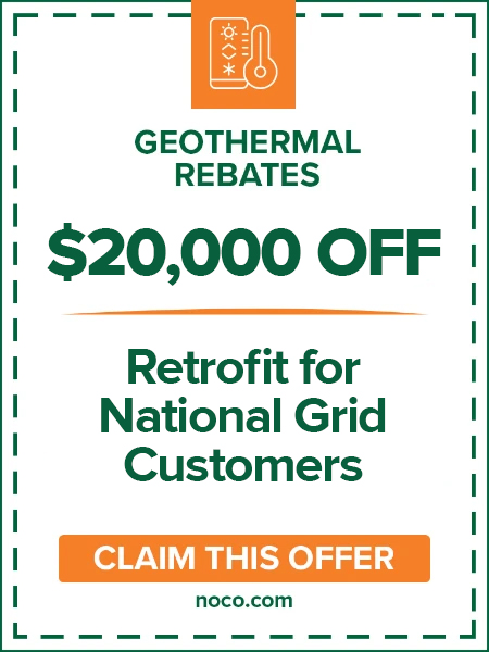 Geothermal rebate ad: 3,000 per 10,000 BTU for clean heat; claim offer at noco.com.