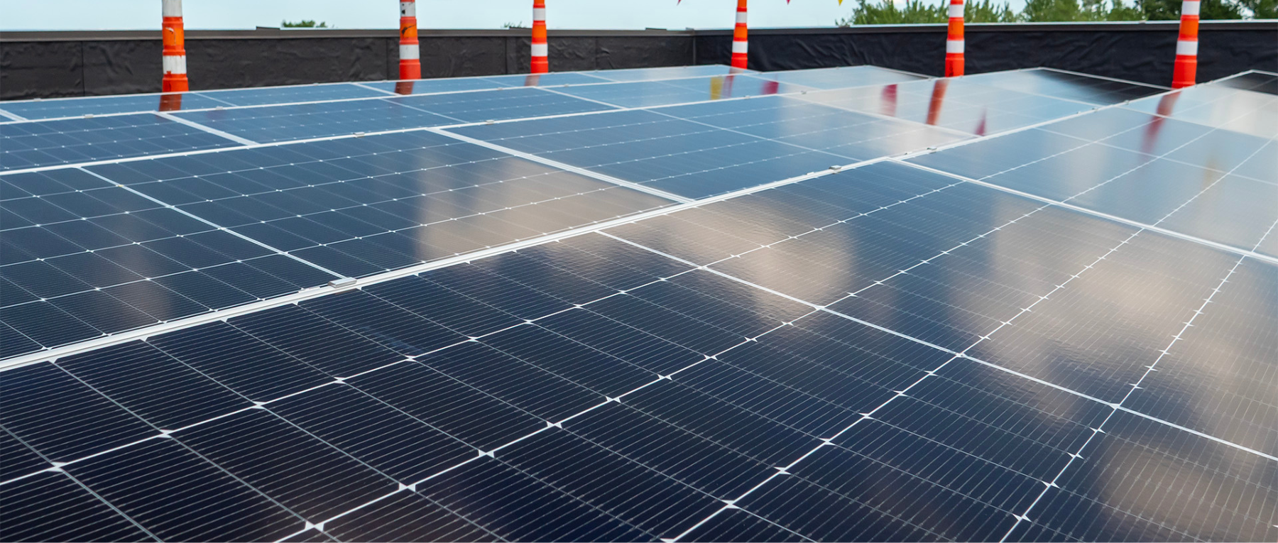 Large solar panels on a grassy field with sunlight shining brightly in the background.