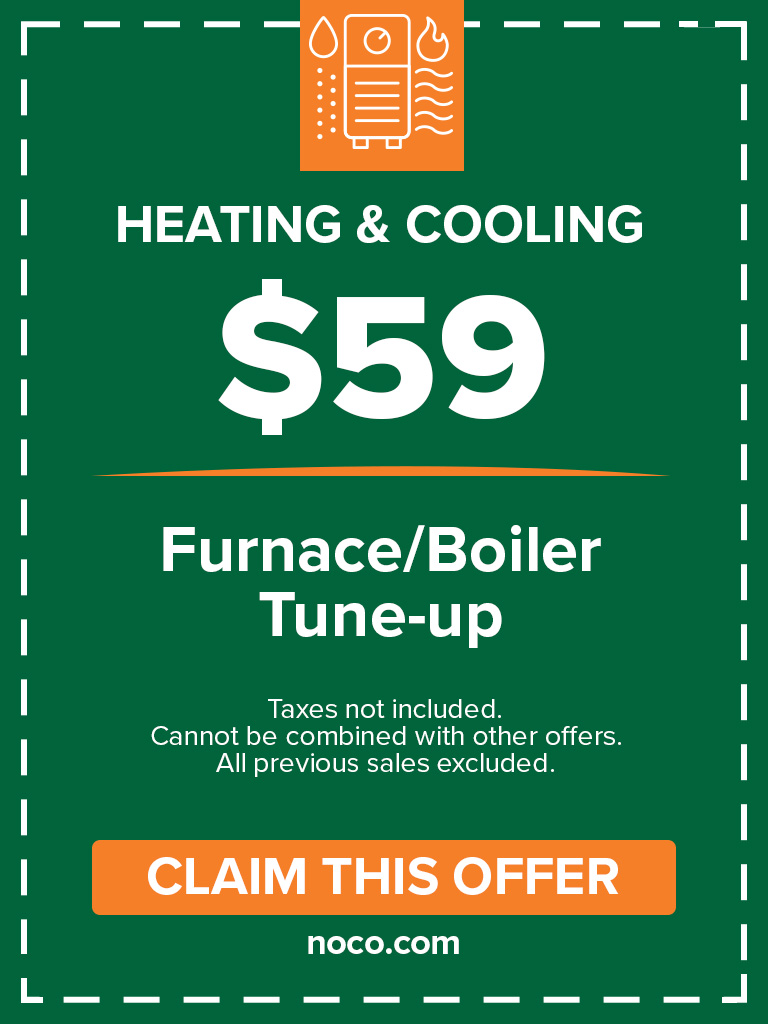 Green ad for 59 furnace/boiler tune-up, with a claim button and terms at the bottom.