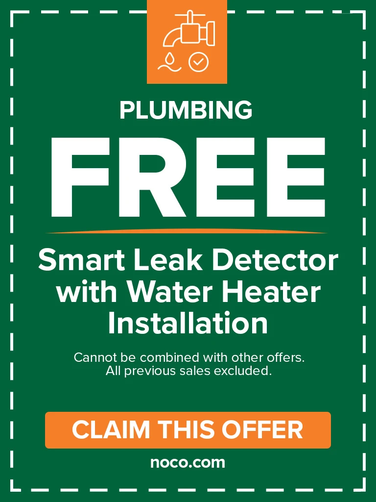 Ad for free smart leak detector with water heater installation; claim offer at noco.com.