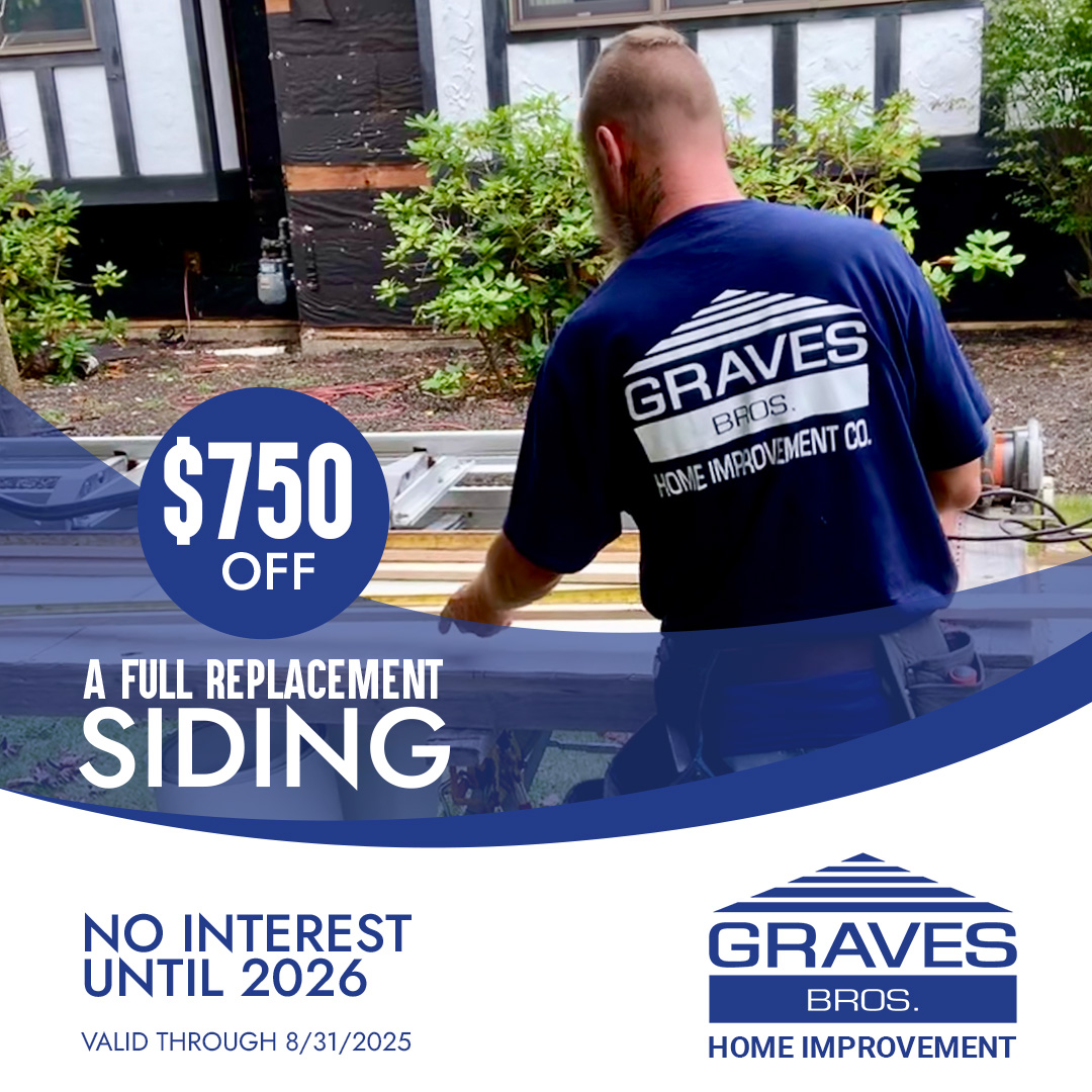 man in a Graves Bros shirt works on siding. Text offers 750 off full replacement siding