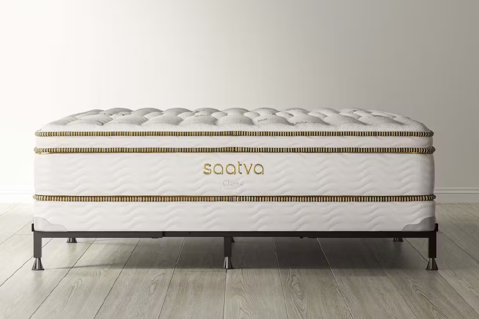 Saatva mattress in a bright, modern bedroom