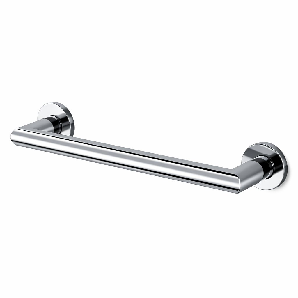 A metallic chrome wall-mounted grab bar with round bases on each end.