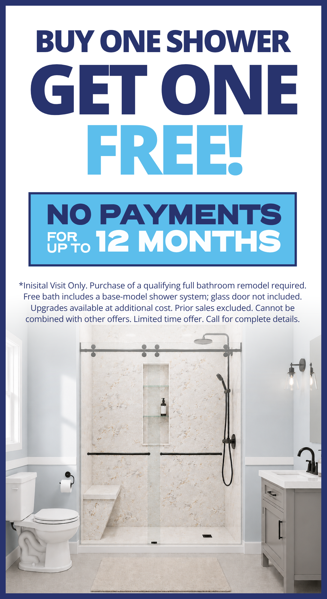 Modern bathroom with a tub, toilet, vanity, and mirror, promoting a remodeling offer.