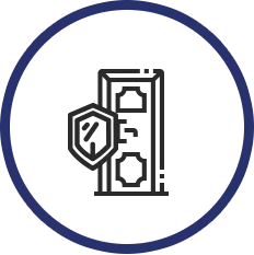 A building icon with a shield overlay, enclosed in a dark blue circle.