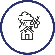 Black cloud with rain above a house, inside a blue circular border on a white background.