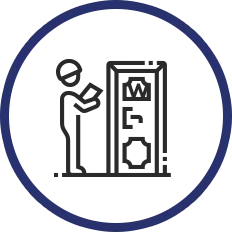 Black apartment building icon inside a blue circle, on a white background.