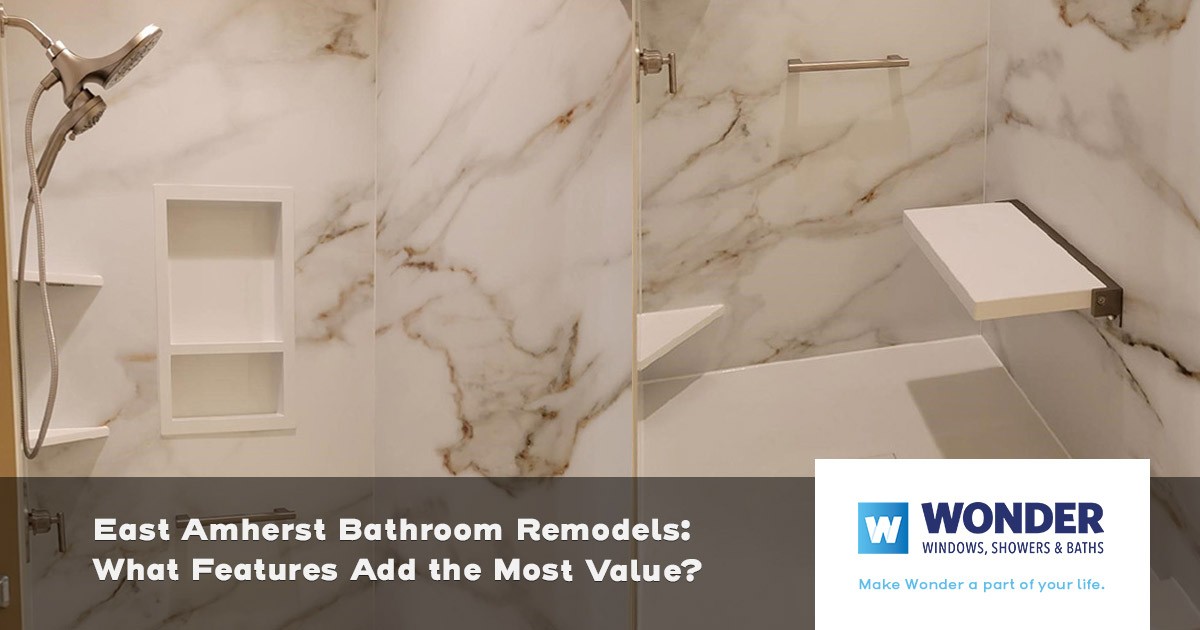 Modern marble bathroom with built-in shelves, showerhead, and Wonder Windows, Showers Baths logo.