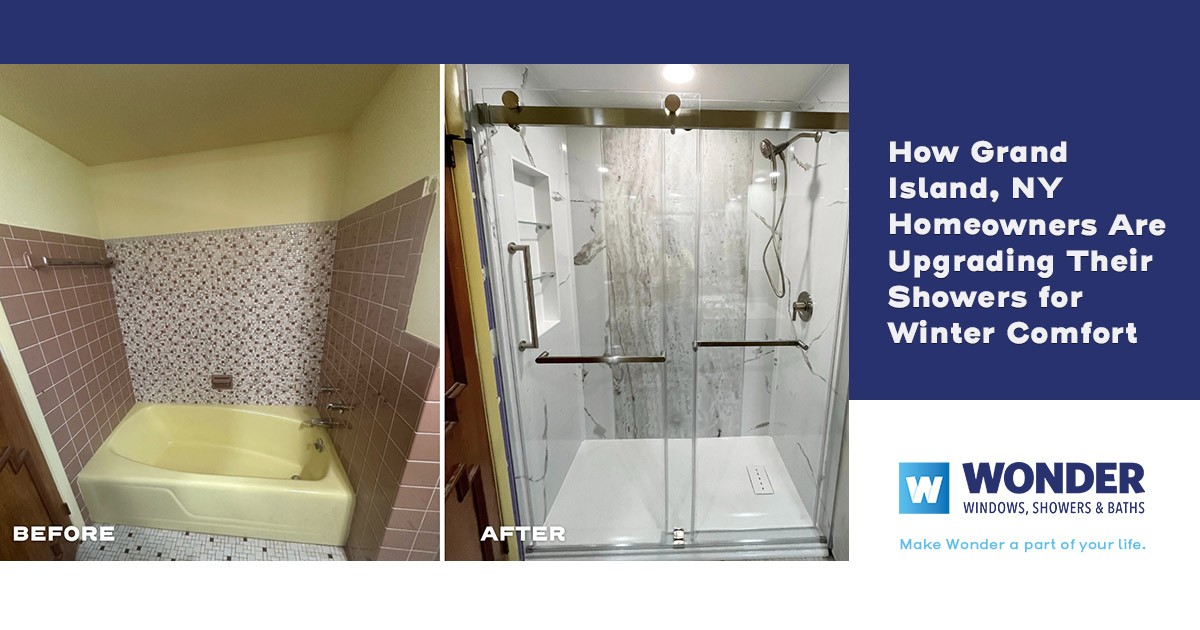 Before: Pink-tiled tub; After: Modern glass shower with silver rails and marble walls.