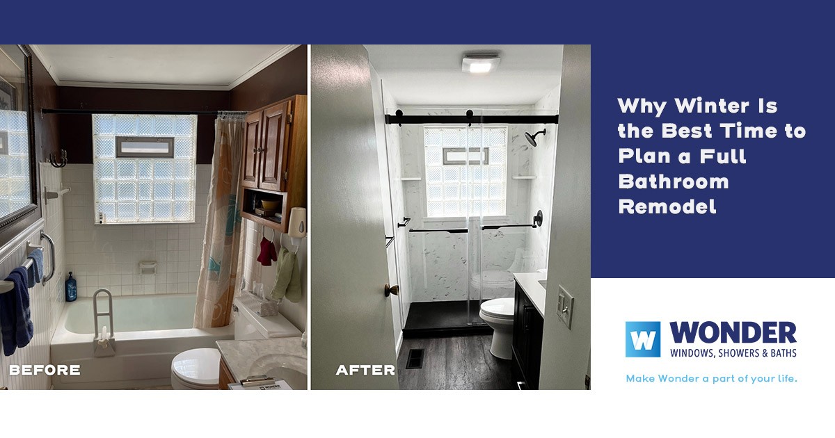 Before and after photos of a remodeled bathroom, with a text about winter remodeling benefits.