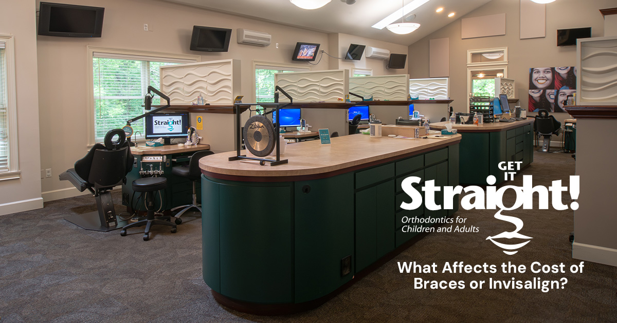 Modern orthodontic office with workstations and text about the cost of braces or Invisalign.