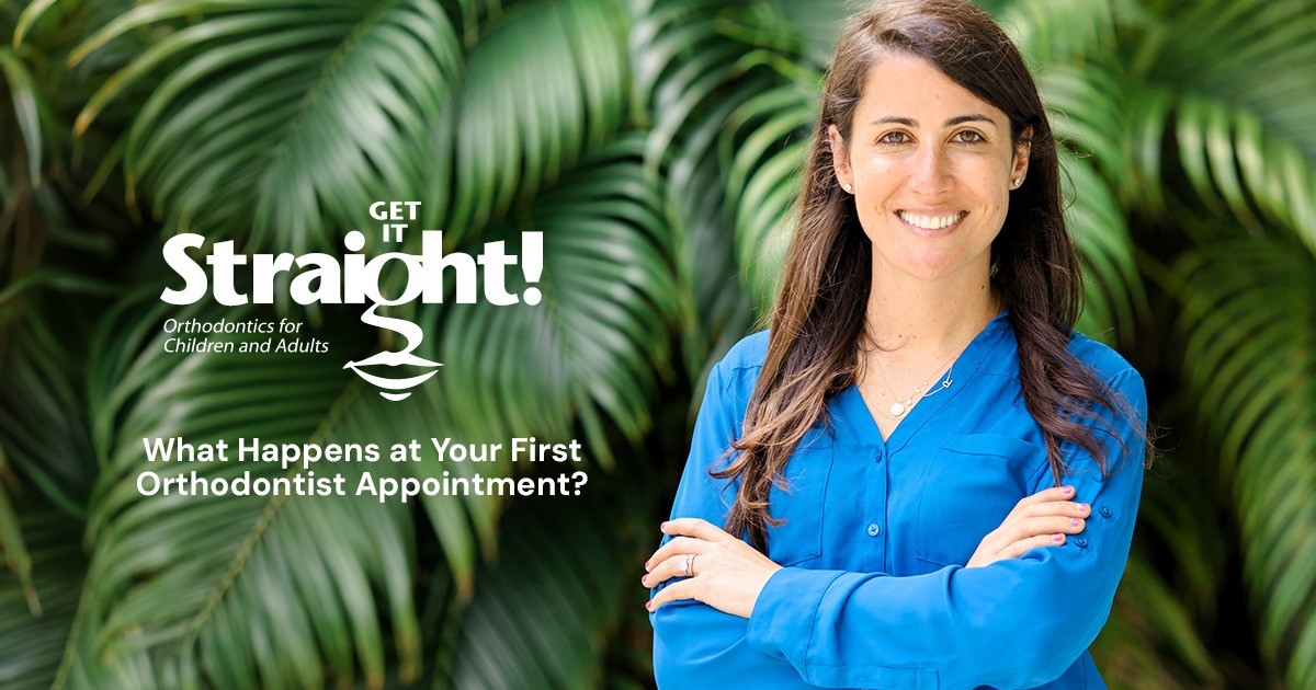 Smiling woman in a blue shirt stands by lush green plants, with orthodontist ad text beside her.