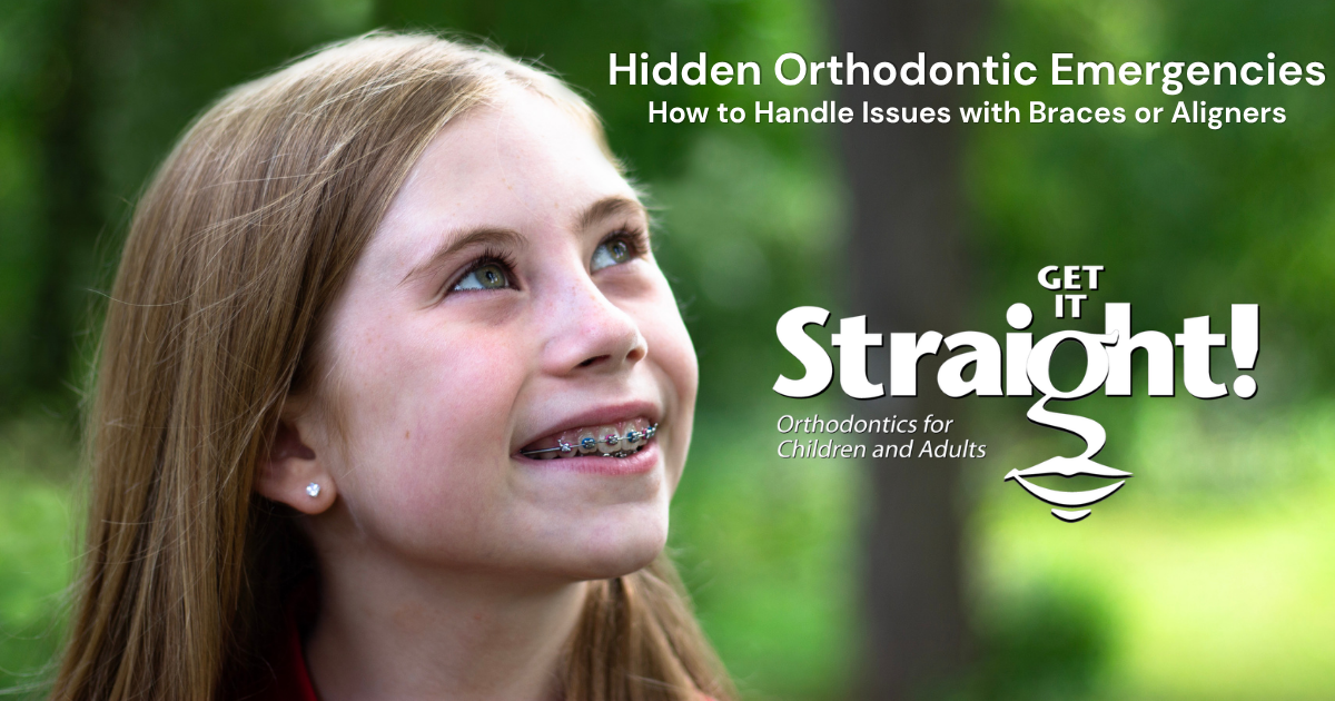 Smiling girl with braces outdoors, text about handling hidden orthodontic emergencies appears.