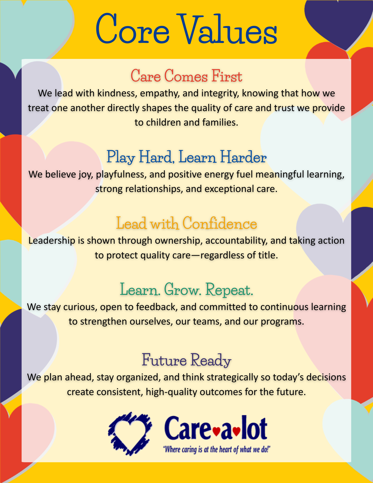 Poster listing Care-a-lots core values: professionalism, accountability, trust, excellence, and fun.