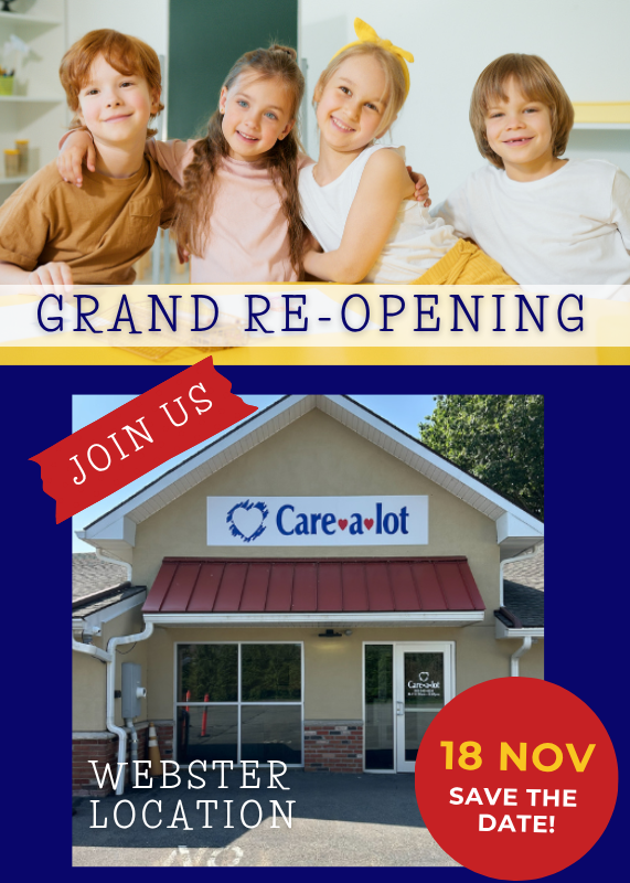 Four smiling children above an announcement for Care-a-lot’s grand re-opening in Webster.