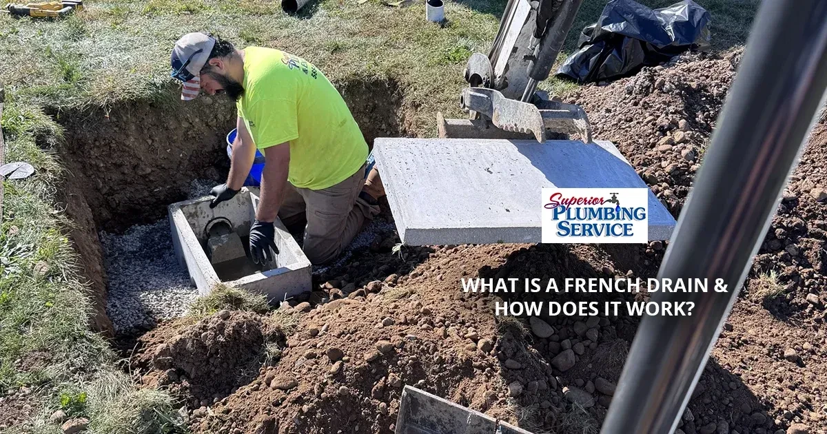A worker installs a French drain in a trench; text reads What is a French drain how does it work?