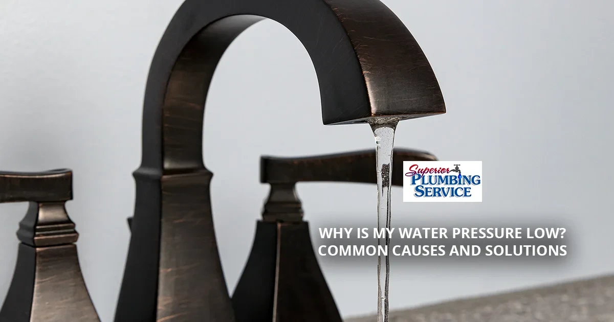 Water flows weakly from a bronze faucet, with text about water pressure causes and solutions.
