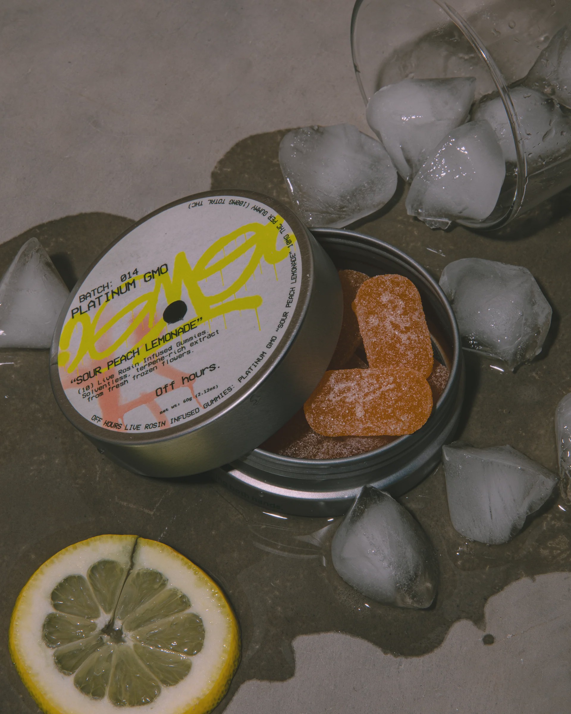Off Hours Platinum GMO Sour Peach Lemonade Live Rosin Infused 10 Gummies THC 100MG Edibles