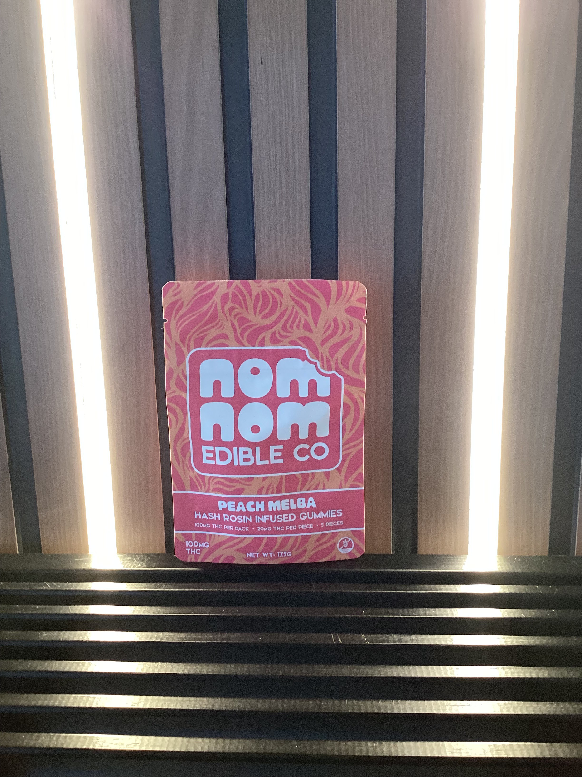 nom nom Peach Melba Hash Rosin Infused 100mg THC Edible