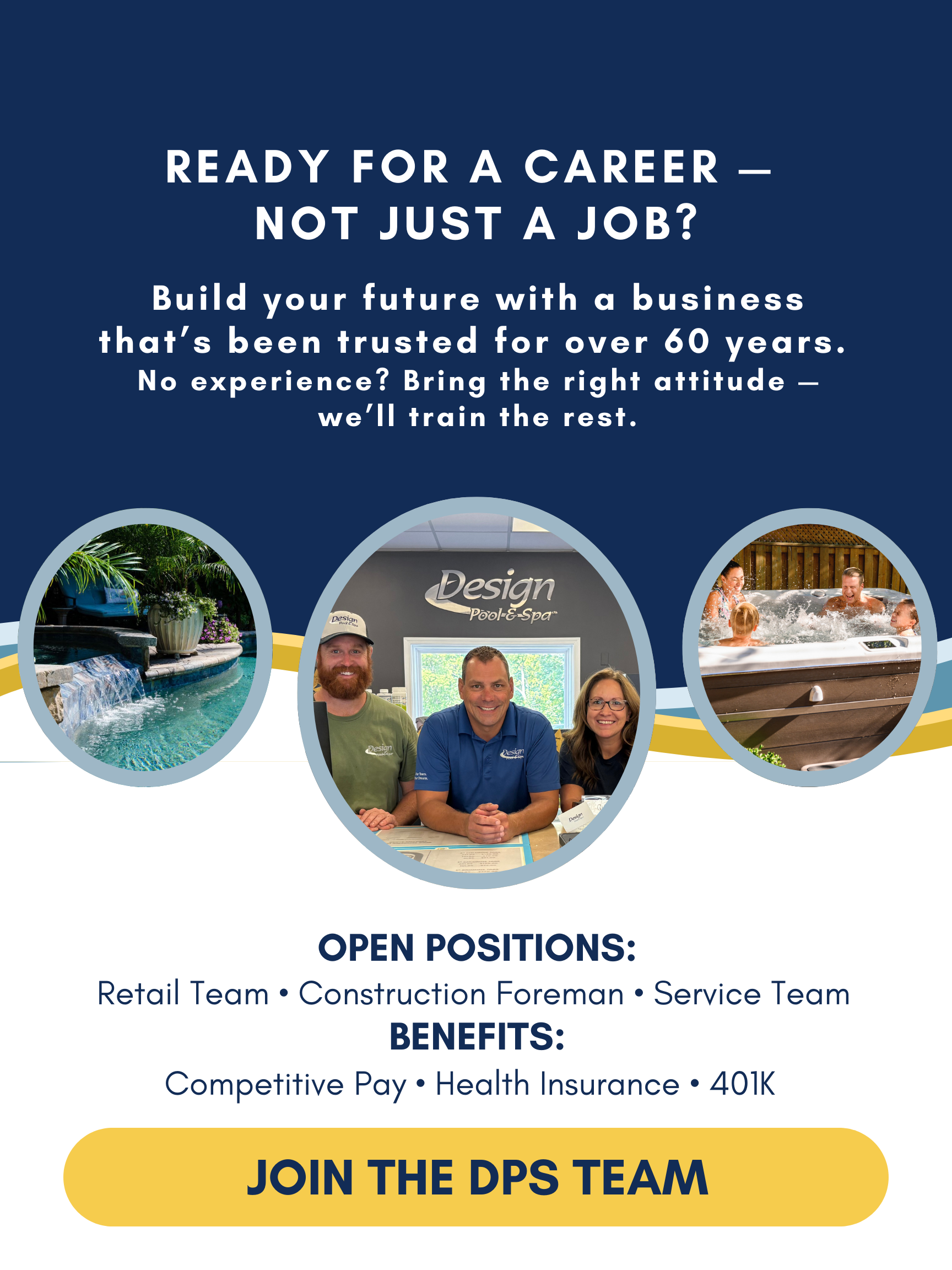 Four people smile at a table with open positions and benefits for joining the DPS team displayed.