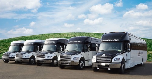 Five black and white Coachmaster buses parked in a row on a paved lot with a grassy hill behind.