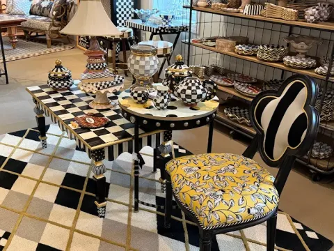 A table and chairs in a room