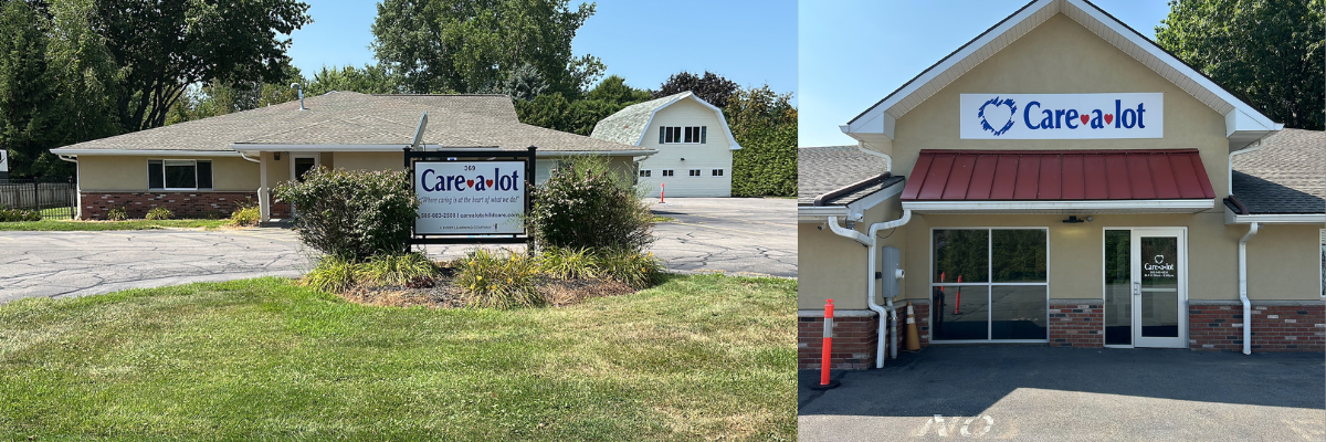 Two images of Care-a-lot buildings with signs and landscaped surroundings on sunny days.