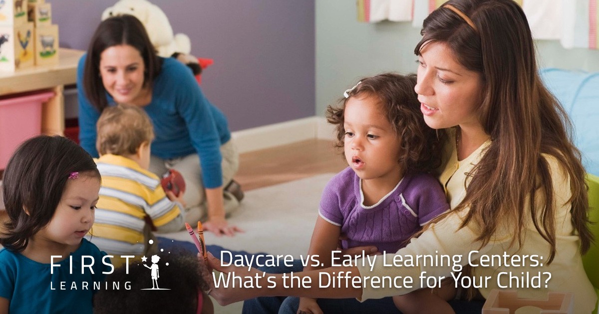 Two women and young children playing together in a bright, colorful early learning classroom.