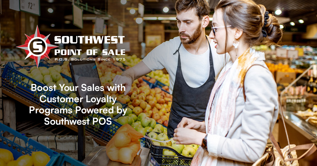 male grocery worker helps woman weigh onions in produce section "Boost Your Sales with Customer Loyalty Programs Powered by Southwest POS"
