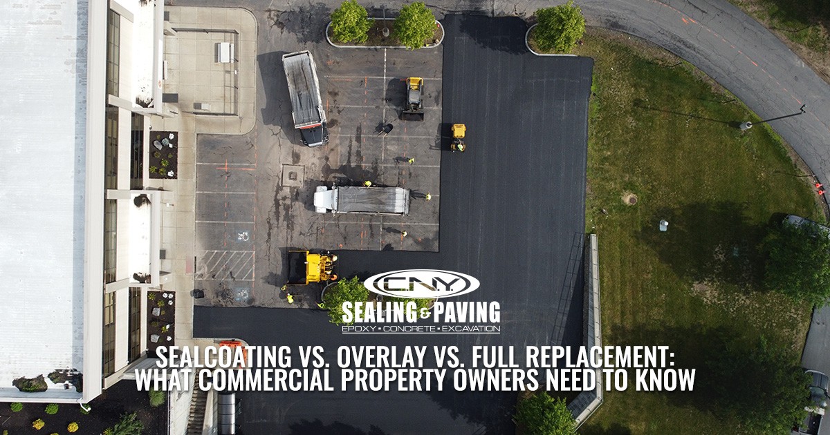Aerial view of paving work at a commercial property, with text about property maintenance.