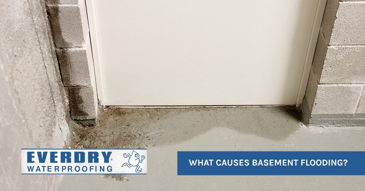 Water seeping under a basement door with the text: What causes basement flooding?