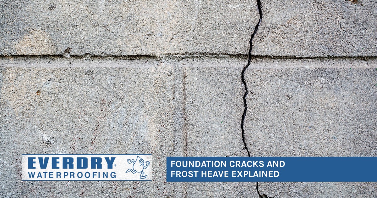 A concrete wall with a large vertical crack and text about foundation cracks and frost heave.