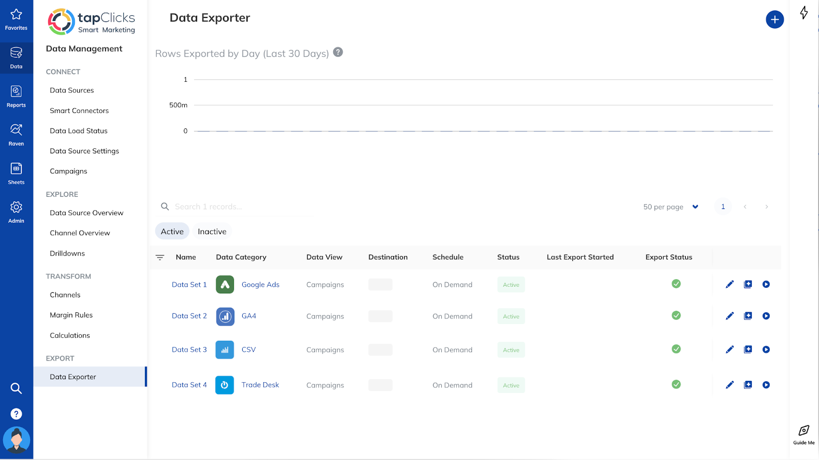 TapClicks Data Exporter screen showing scheduled exports from Google Ads, GA4, CSV, and Trade Desk campaigns