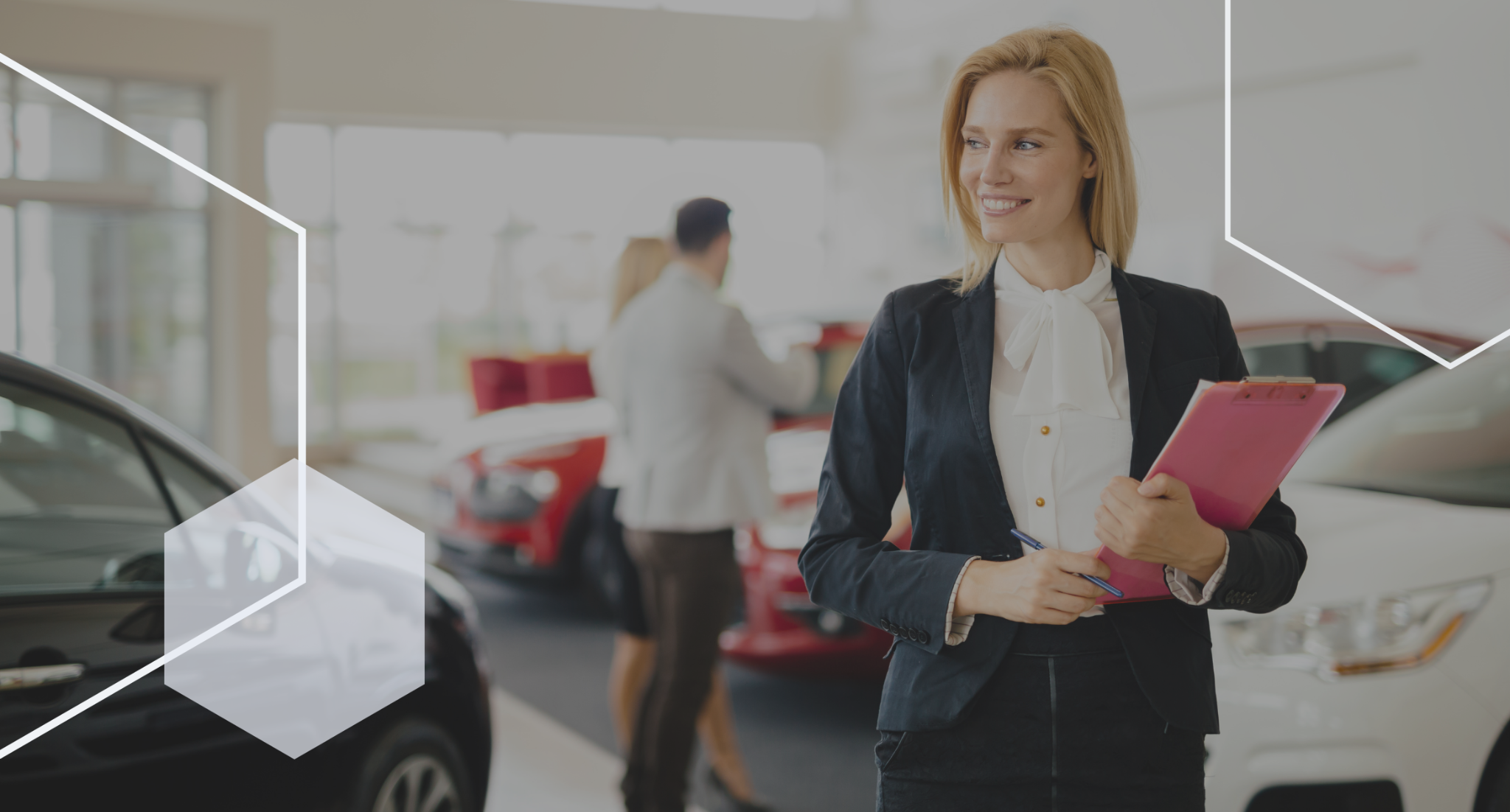 Woman walking through a car dealership