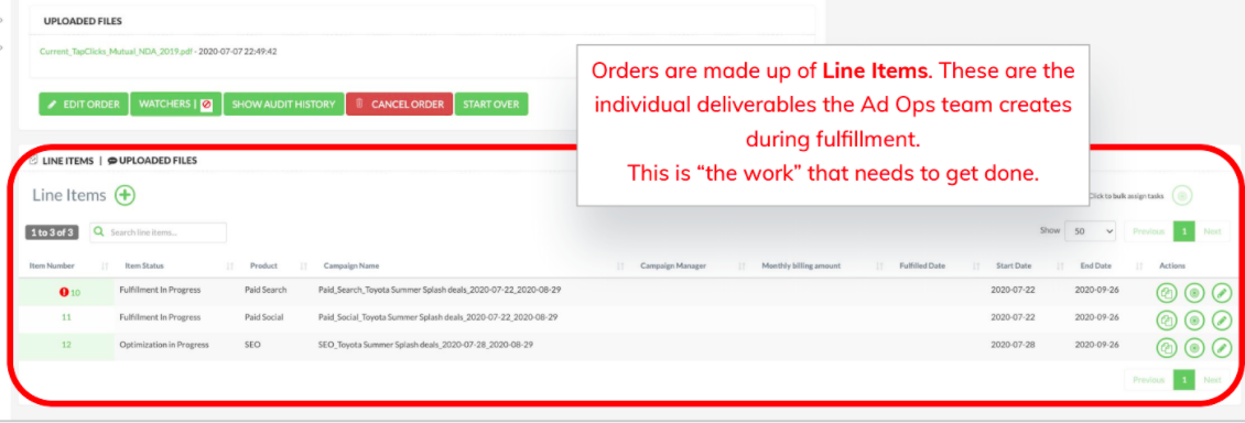 Creating orders with TapClicks marketing agency project management software: Orders are made up of Line Items. These are the individual deliverables the Ad Ops team creates during fulfillment. This is 