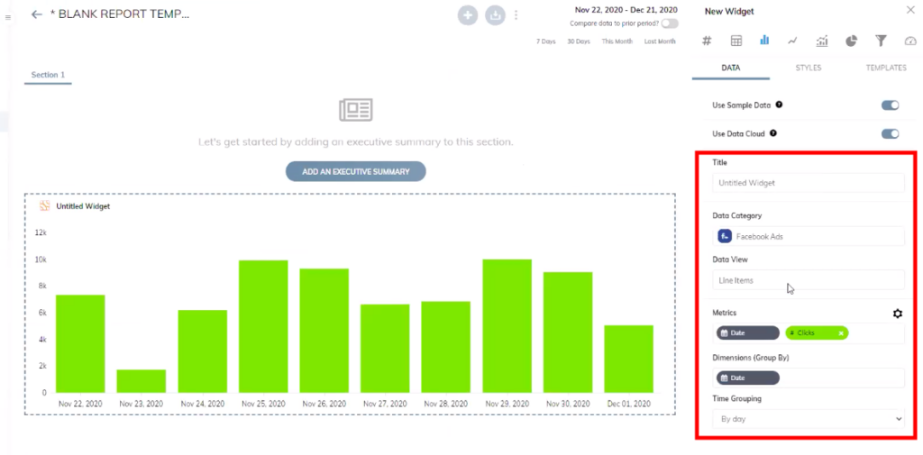 TapClicks paid media dashboard feature example