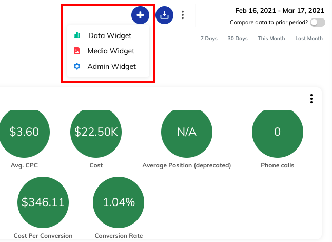 Example of adding a widget in a TapClicks paid search dashboard