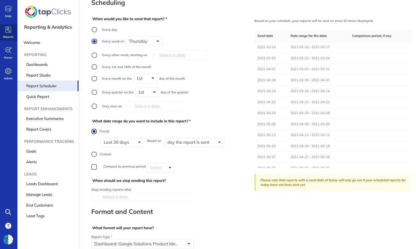 Automated reporting options on TapClicks marketing data management platform: Scheduling Reports