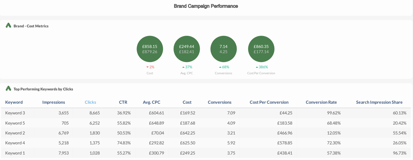 TapClicks Google Ads Dashboard example: Brand Campaign Performance