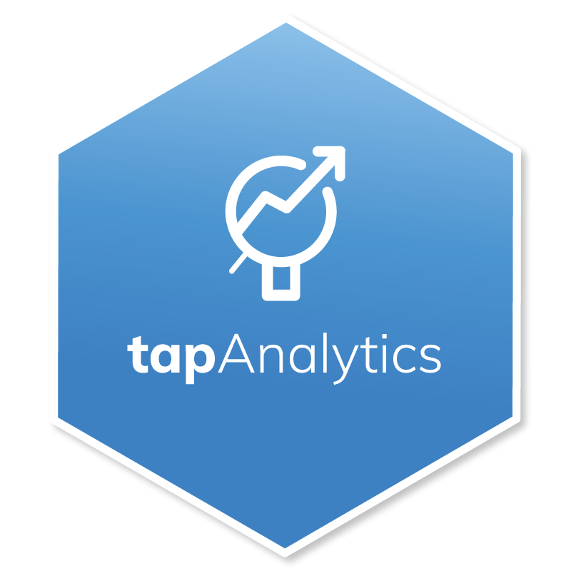 Blue hexagon with a graphic in the center of a magnifying glass with an upward pointing arrow.  Below the graphic is the word tapanalytics.