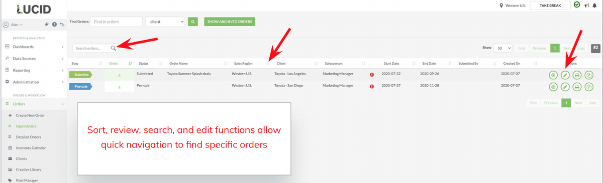 Marketing agency workflow in TapClicks: Sort, search, and edit functions allow quick navigation to find specific orders.