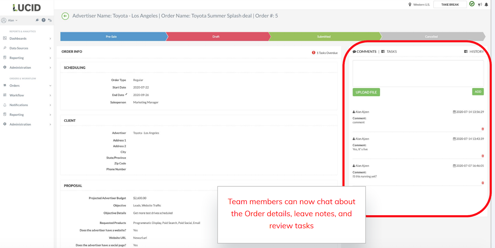 Team members can chat about order details, leave notes, and review tasks all within TapClicks.