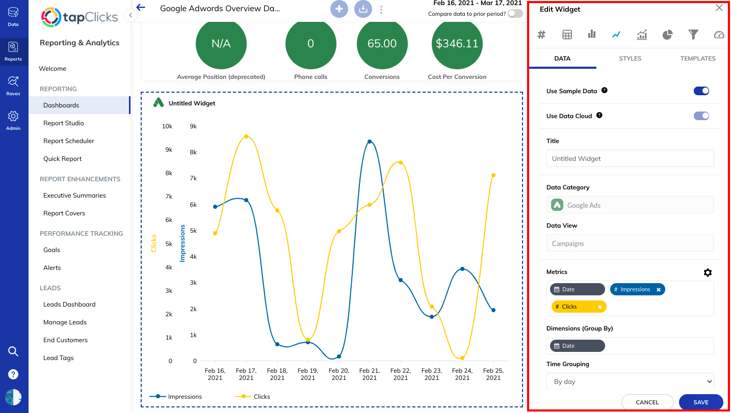 Easily customize which widgets are displayed and utilized within your customized TapClicks dashboard.