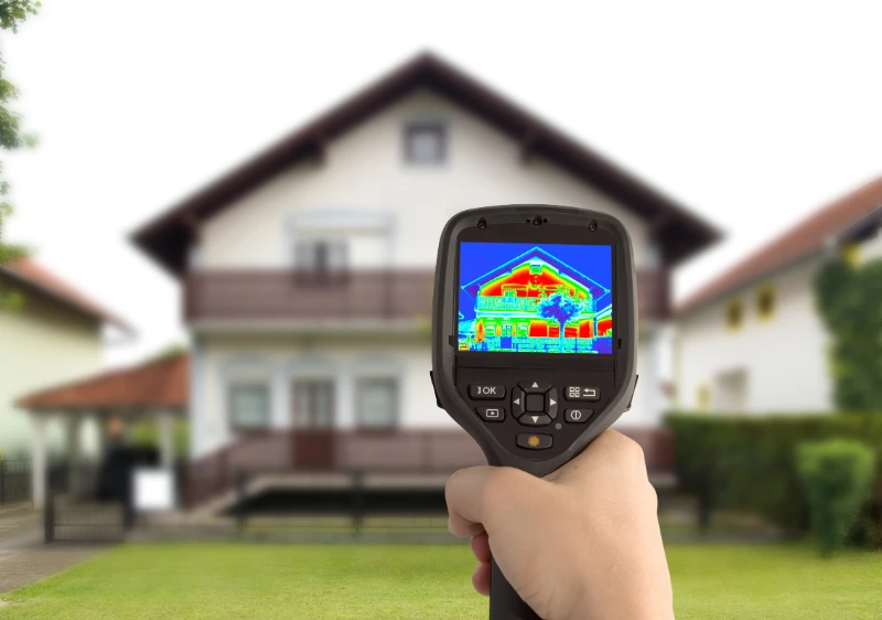 A hand holds a thermal camera showing a heat map of a house in the camera display.