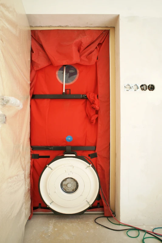 A blower door test setup in a doorway, with red fabric and a large fan in a white frame.