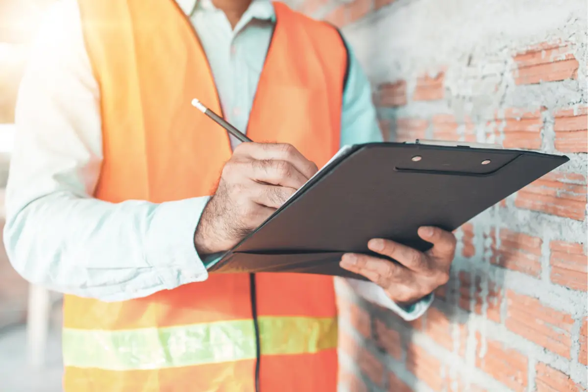man in light greens shirt and orange safety vest holds a pen and clipboard