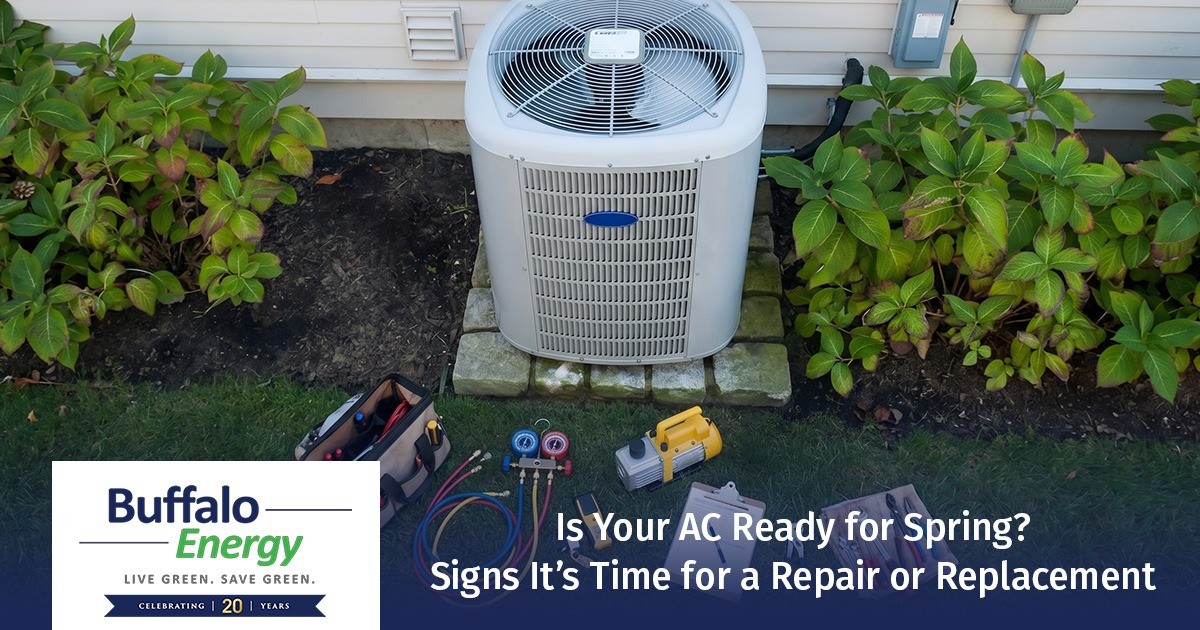 Outdoor AC unit with repair tools; text asks if it’s time for repair or replacement this spring.