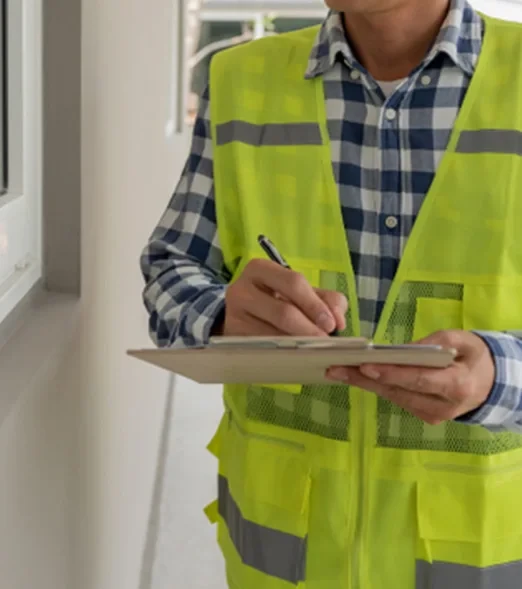 person in a yellow safety vest writing on a clipboard