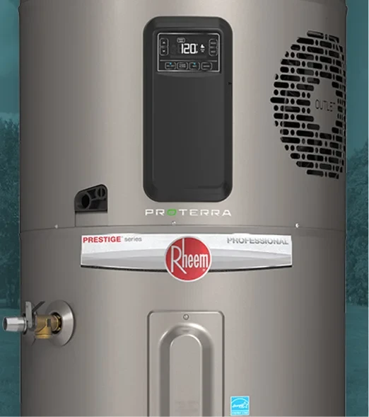 a white wall mounted tankless water heater with black pipes