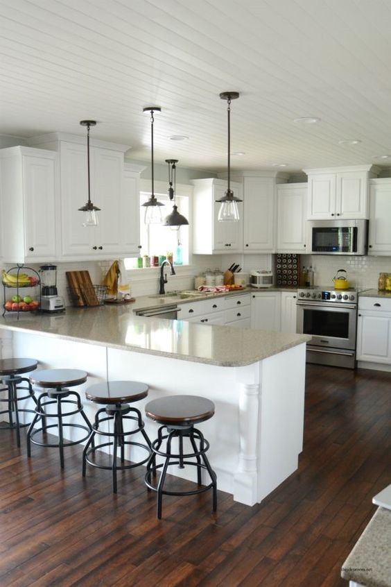 White Kitchen Cabinets with Dark Wood Floor